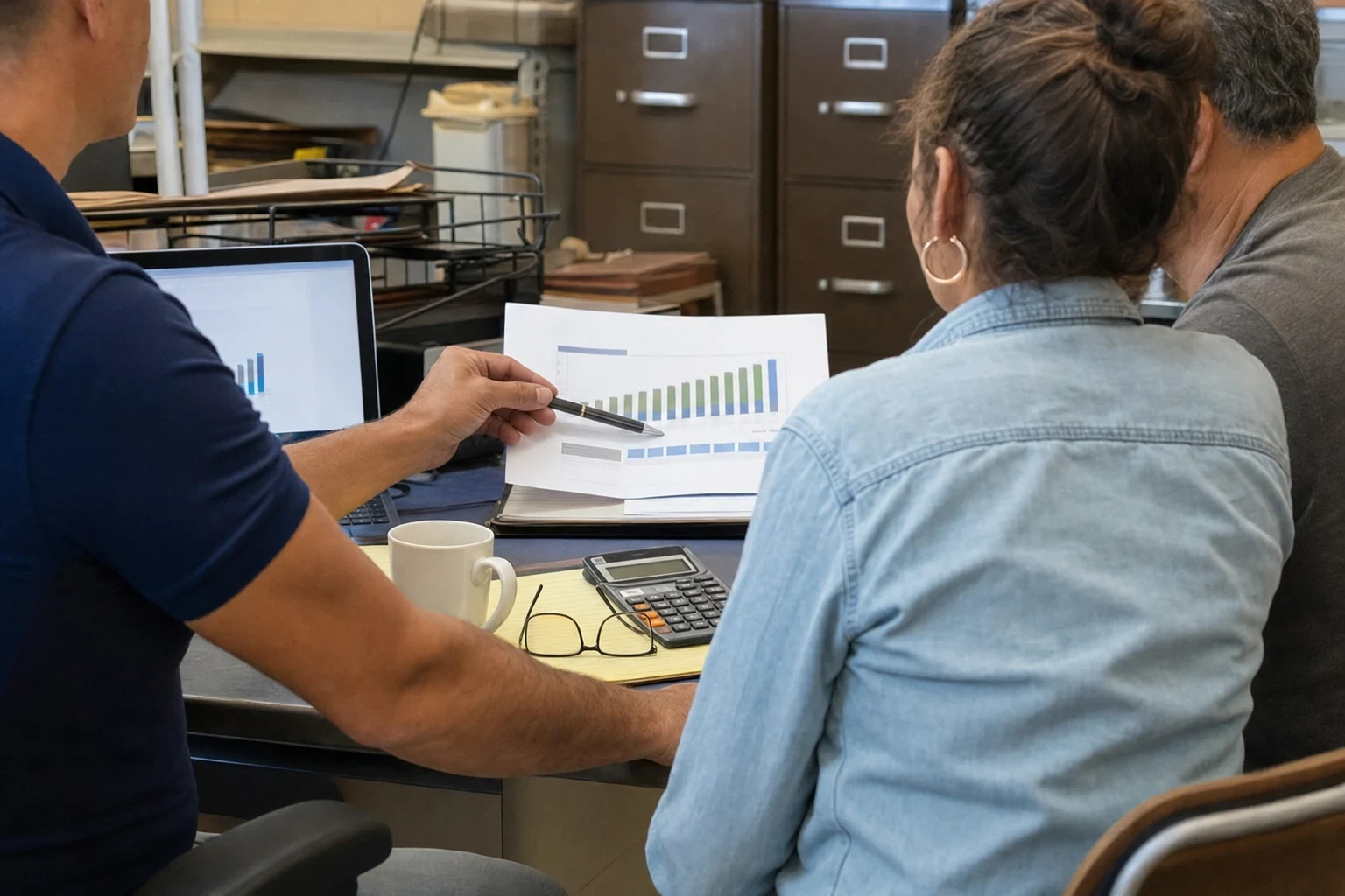 Agent in a navy polo points a pen at a printed bar chart while a couple reads along at a desk in a back office with filing cabinets, a calculator and a coffee mug