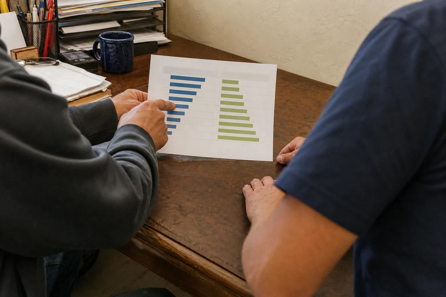 Agent's hand pointing to a printed bar chart of coverage options on a worn wooden office desk while a client in a navy shirt looks on